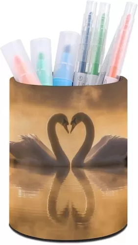 Two Heart-Shaped Swans Round Pen Holder for Desk Cute Pencil Holder & Storage Funny PU Leather Makeup Brush Holders Pen Cups Aesthetic Desktop Pen Organizer for Office Home Desk Accessory