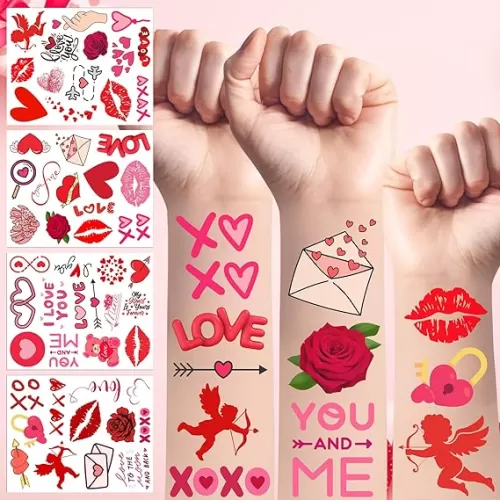 Valentine Temporary Tattoos Valentine Decorations Party Favors Love Kiss Heart Rose Lips Rose Valentine Party Supplies Accessories Gift Idea For Couple Stickers Décor Kids Boy Girls Teens Adult