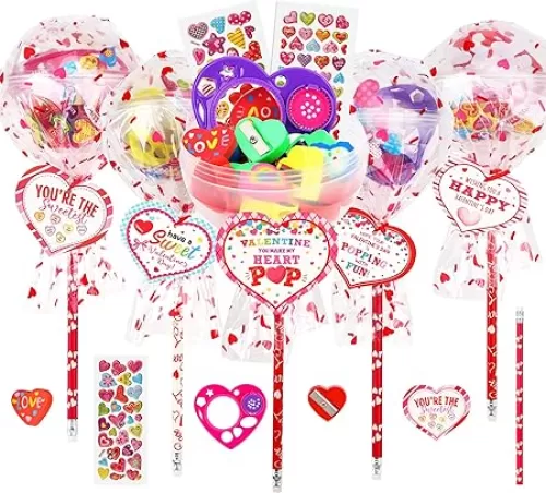 Valentines Day Gifts for Kids-28Pack Giant Lollipop-Shaped Stationery Set with Valentine's Heart Cards Pencils Stickers Erasers Ruler Sharpener for Boys Girls School Class Exchange Gifts Party Favor