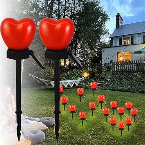 Valentine's Day Red Heart Solar Lights Outdoor, 2Pcs Waterproof Valentine's Day Solar Garden Lights LED Heart Lights Wedding Decorations for Yard Walkway Outside