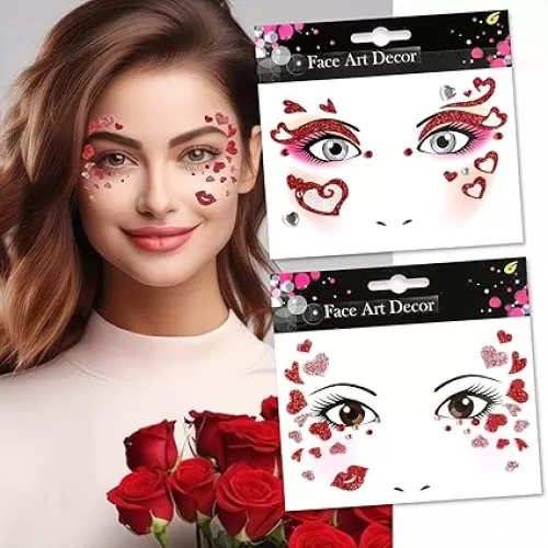 Valentines Temporary Tattoos Glitter Fake Tattoos Red Heart Lip Tattoo Stickers Eyes Face Gems Stickers for Women Girls Makeup Holiday Party Supplies 2Pcs