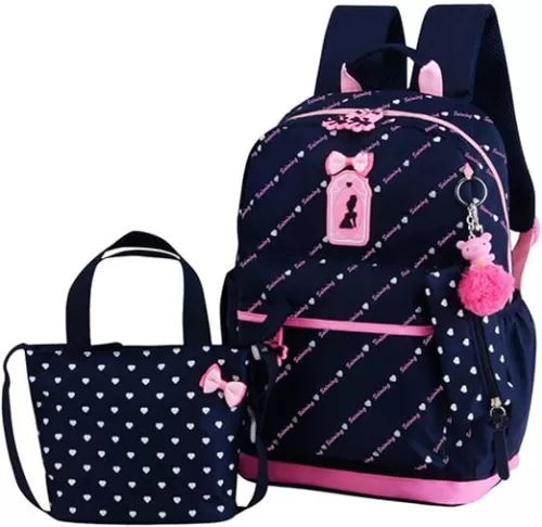 VIDOSCLA 3Pcs Heart Printing Backpack Sets Bowknot Primary Schoolbag Travel Daypack Shoulder Bag Girls Rucksack knapsack