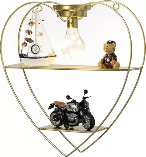 Vintiquewise Heart-Shaped 2-Tier Floating Metal Wall Shelf with Overhead Light Bulb – Decorative Wall-Mounted Shelf for Bedroom, Living Room, Hallway, Bathroom, or Entryway Decor, Gold Finish