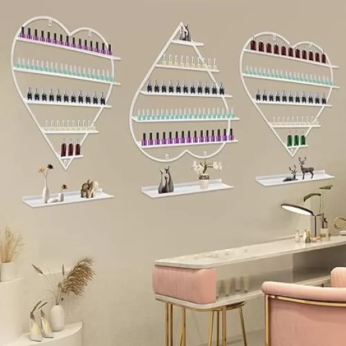 Wall-Mounted Nail Polish Rack, Set of 6 Heart-Shaped White Nail Polish Shelf Lipstick Perfume Cosmetic Display Shelf for Home Spa Nail Salon Shop