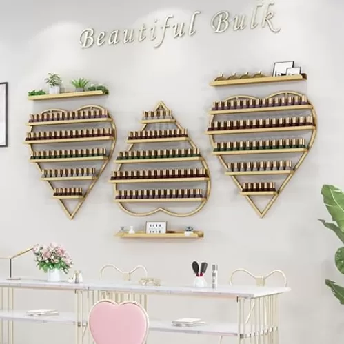 Wall-Mounted Nail Polish Shelves, Metal Nail Polish Holder, Heart-Shaped Nail Polish Wall Rack, Makeup Bottles Organizer Wall, Hanging Perfume Organizer for Spa Nail Salon Shop(Gold, 6-Piece Set)