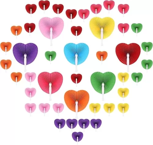 Wenqik 50 Pcs Wedding Folding Fans Heart Shaped Paper Fans Multiple Colors for Wedding Guests with Plastic Handle for Wedding Ceremony Bridal Shower Favor Party Bag Filler, 8 Colors