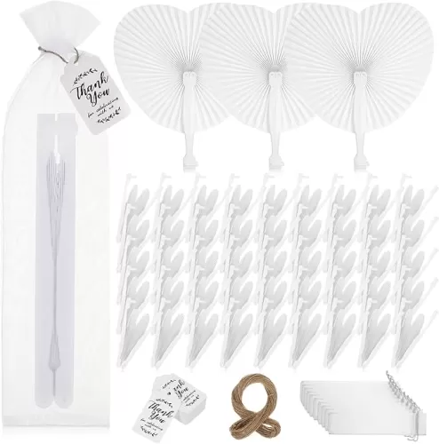 Wesiti 100 Sets Folding Handheld Fans Heart Shaped Wedding Foldable Paper Fans with Thank You for Celebrating with Us Tags Labels and Gift Bags for Birthday Bridal Shower Guests Decorations