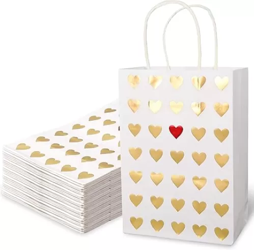 Whaline 24Pcs Valentine's Day Paper Heart Gift Bags with Handle Gold Foil Love Heart Party Favor Bags Goodie Candy Treat Bags For Wedding Anniversary Birthday