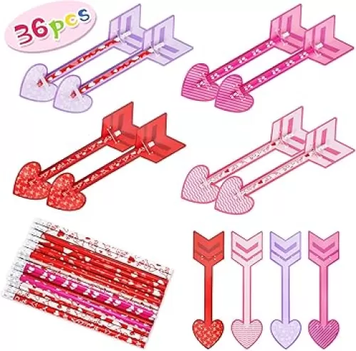 Whaline 36Pcs Valentine's Day Pencils with Toppers Cards Set Colorful Love Heart Writing Pencil Wood Pencils Arrow Gift Cards for School Prize Stationery Present Party Favor Supplies Goodie Bag Filler