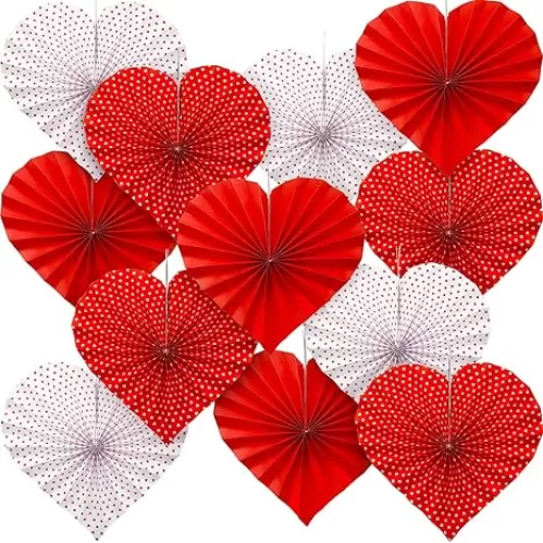 WILLBOND 12 Pieces Red Heart Paper Fans Heart Shaped Valentine Day Party Hanging Decorations for Valentines Decor Anniversary Wedding Bridal Shower Photo Backdrops