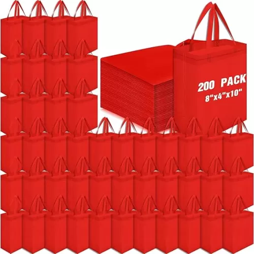 Windyun 200 Pcs Reusable Tote Bag Bulk Non Woven Shopping Bag with Handle Reusable Grocery gift Tote(Red, 8 x 10 x 4 Inch)