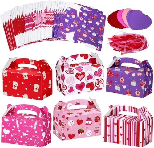 Winlyn 48 Set Valentine's Day Treat Boxes Hearts Prints Boxes Cookie Boxes Goodie Bag Party Favor Boxes Container Candy Box with Heart Tags Bulk for Kids Girls School Classroom Supplies