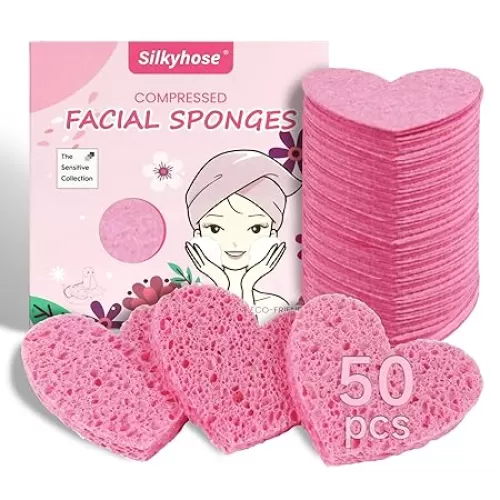 Women 50-Count Compressed Cellulose Heart Shape Face Facial Sponges 100% Natural Cosmetic Sponges for Facial Cleansing Exfoliating Mask Skin Massage (（Pink） 50 Count)