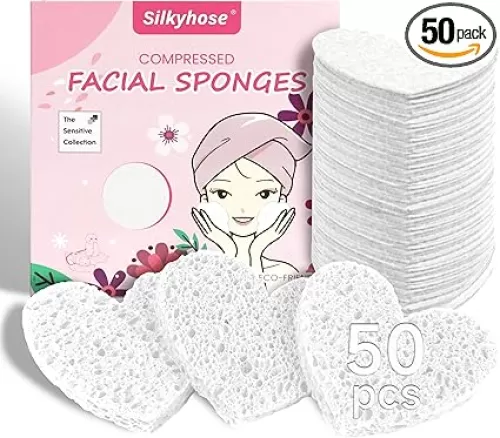 Women 60-Count Compressed Cellulose Heart Shape Face Facial Sponges 100% Natural Cosmetic Sponges for Facial Cleansing Exfoliating Mask Skin Massage (（White） 50 Count)