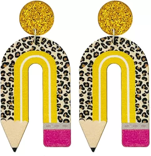 Wood Wooden U-shaped Pencil Dangle Drop Earring for Women Student Lightweight Love Heart Leopard Print Pattern Pen Earring Back to School Jewelry Teacher Appreciation Day Gift
