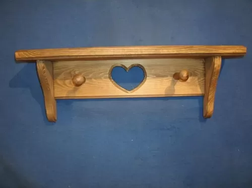 Wooden shelves, 16" wooden shelf with heart and pegs stained natural walnut, wood shelves, wooden wall shelves, Rustic wooden shelves