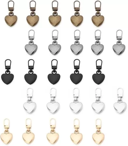 Ximimark 25 PCS Zipper Pull Replacement, Detachable Metal Zipper Pull Kit Heart Shaped Zipper Pulls For Coats Backpacks Jackets Pants Jeans Suitcase Purses Handbags