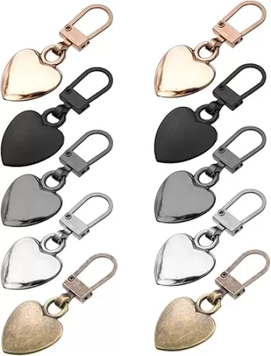 Xinjoduz 10 PCS Zipper Pull Charm, 1.6 Inch Heart Shaped Zipper Replacement Detachable Metal Zipper Pull Tabs Zipper Lock for Backpacks Coats Pants Suitcase Purse Luggage Fasteners(5 Color)