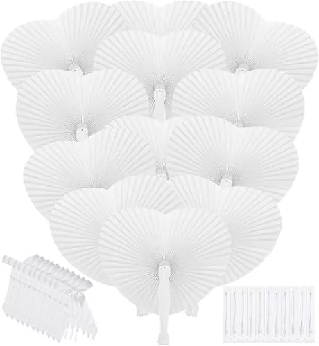 Y.A. LOTUS 48pcs Paper Fans Heart White with 48pcs Bows, Wedding Hand Fan Favors for Guests Bulk, Handheld Fan Foldable Abanicos de Mano Summer Wedding Fans for Party and Home Decoration