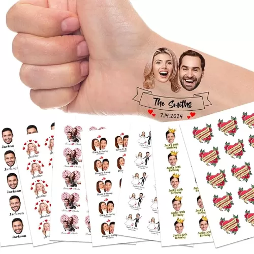 YESCUSTOM Custom Temporary Tattoos with Photo for Couples Face Name Date Personalized Love Heart Tattoos Gifts for Women Men Adult Lover Girlfriend Boyfriend Couple 1 Set of 15 Pieces