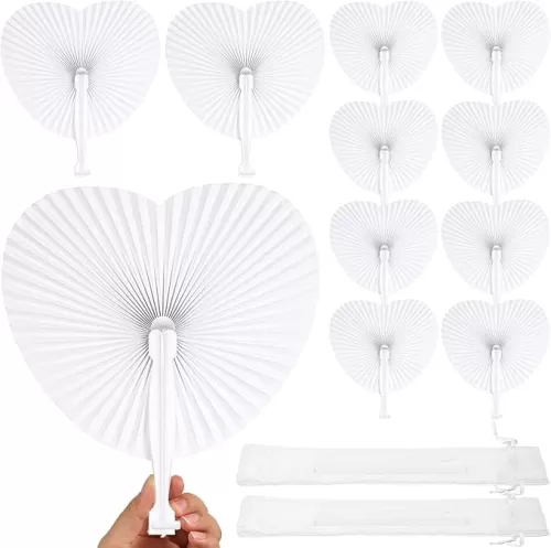 Yinkin 80 Sets Personalized Wedding Fans for Guests Party Favors Supplies Decor White Folding Heart Hand Accordion Paper Fans with 80 Plastic Handle Organza Bags for Birthday Bridal Shower Celebration