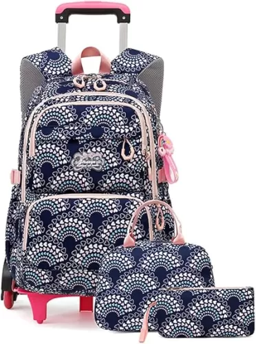 YJMKOI 3PCS Heart Print Rolling Backpack for Girls Colorful Elementary Trolley School Bags Kids Book Bags Set with wheels