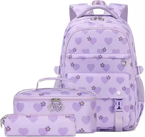 ZHANAO Girls Backpack Set Heart-print Kids School Bookbag for Teen Girls Cute Lightweight Schoolbag Set with Lunch Box
