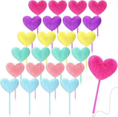 Zhanmai 24 Pack Heart Shape Pom Pom Ballpoint Pens Colorful Fluffy Ball Pen Bulk for Teacher Women Office Party Supplies Wedding Gift