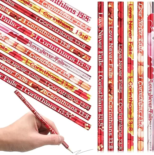 Zhanmai 36 Pcs Religious Valentine‘s Day Pencils Bulk Love Never Fails 1 Corinthians 13: 8 Gifts Love Heart Christian Jesus Bible Verse Pencils for Valentines Sunday School Church Party Gifts