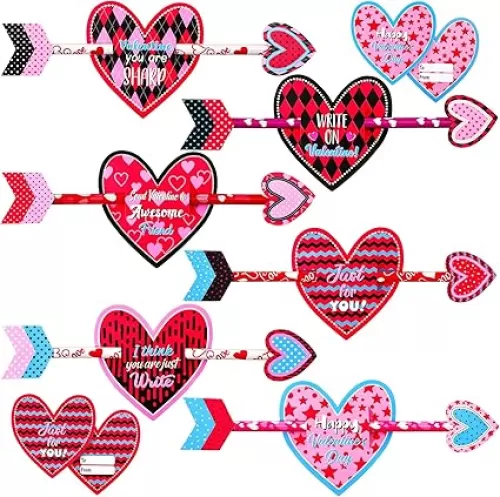 Zonon 24 Pack Valentines Day Pencils with Heart Cards Cupid's Arrow Pencil Gift Set Heart Shaped Pencils Cards for Valentine Children Classroom Exchange Prizes Party Favors