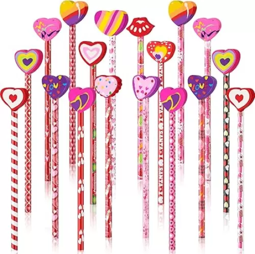 Zonon 36 Pieces Valentines Pencils with Heart Shape Erasers Toppers Decorated Colorful Pencils Erasers Heart Stationary Set for Valentine Office School Supplies Students Presents