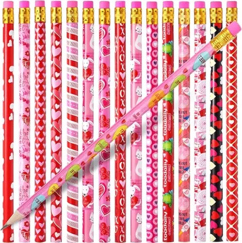 Zonon Valentine Pencils for Kids Wood Valentine Pencils with Erasers Mixed Heart Pattern Assortment for Students Stationery(48 Pieces)