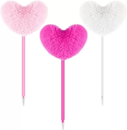 Zuazaor 3 Pieces Colorful Fuzzy Pens Funny Pens Heart Pom Pom Ballpoint Pen Fluffy Pompoms Plastic Rollerball Pens for Women Party Supplies Valentines Wedding Gift Favors Pen (Heart)