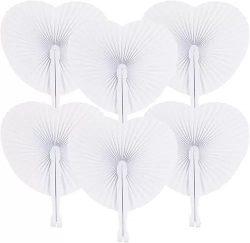 ZWIN 48 Pcs Heart Shaped Paper Fans for Wedding Pocket Folding Paper Fans with Plastic Handle White Blank Fans for Guest Celebration Party Decoration