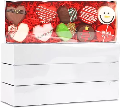 10 Pack 12x4.5x2 Inch Chocolate Covered Strawberries Boxes Drawer Macaron Boxes Bakery Box with Full Clear Window Cookie Box for Wedding Favors Baby Shower