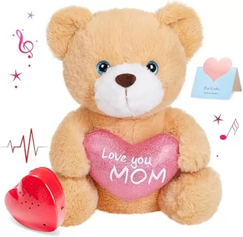 10" Recordable Heartbeat Bear Stuffed Animals Love You Mom with Voice Sweet Messages Recorder Soft Plush Toy Playback Your Words Gifts for Mother