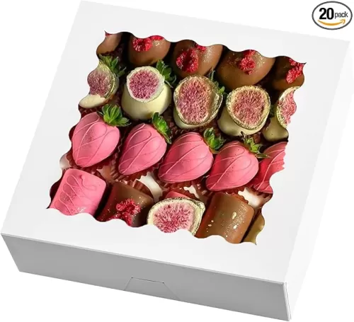 10" x 10" x 2.5" Pie Boxes, 20 Pack Auto Pop-up Chocolate Covered Strawberry Boxes White Bakery Boxes with Window for Cookies, Treats, Pastry, Breakable Heart, Donuts, Muffins