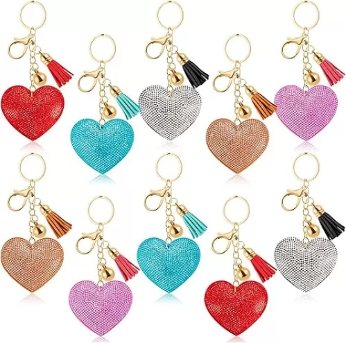 10pcs Glitter Crystal Rhinestone Keychain, Heart Shape Rhinestone Tassel Keychains for Handbags, Bling Heart Key Chain for Women and Girls