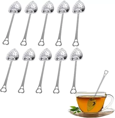 10Pcs Tea Strainers for Loose Tea Spoon, Tea Infuser Stainless Steel Long Grip Spoon Loose Tea Leaf Filter Heart Shaped Mesh Tea Strainer for Tea Lovers