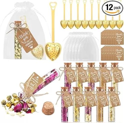 12 Sets Tea Party Favors Tea Party Decorations Bulk for Guests Include Heart Shaped Infuser Glass Jar Thank You Gift Tag Drawstring Organza Bag for Wedding Bridal Shower Souvenir
