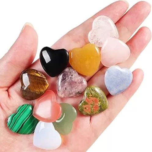 12PCS Natural Heart Healing Crystals Chakra Stones Pink Rose Quartz Amethyst Polished Love Gems Palm Natural Gemstones Set Reiki Balancing Gifts for Women Men 0.8 inch