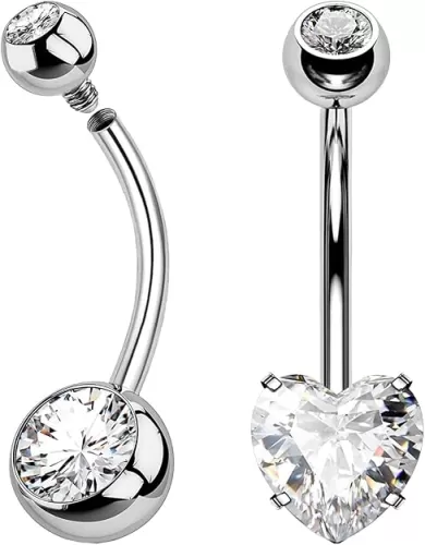 14G G23 Solid Titanium Belly Button Rings, Internally Threaded 10mm 12mm Long Belly Ring, Round heart-shaped CZ Navel Rings for Women Men