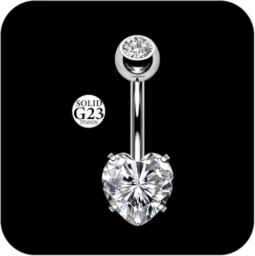 14G G23 Titanium Belly Button Rings for Women, Implant Grade, Internal Thread Pink Heart Gem Hypoallergenic, Available in 8mm-16mm Long Bar for Navel Piercing Healing