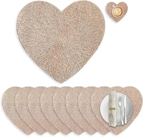 16 PCS Heart-Shaped Placemats and Coaster Placemats Rose Gold PVC Waterproof Dining Table Mats Decor for Party Kitchen Dining