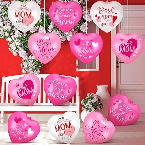 18 Pcs Happy Mother's Day Inflatable Heart Yard Decorations Large Mother's Day Heart Inflatable Hanging Ornament Giant PVC Outdoor Decoration for Mothers Day Garden Lawn Party