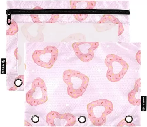 2 Pack Cute Heart Shaped Donut Pink Zipper Pencil Pouches for 3 Ring Binder, Girls Boys Clear Window Pencil Case for School Students Teacher Office Organizers Supplies