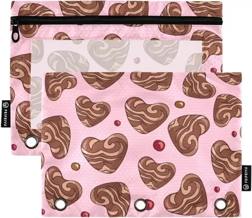 2 Pack Delicious Chocolates Heart Shaped Pencil Pouches Bags for 3 Ring Binder, Clear Window Zipper Stationery Case for School Classroom Students Office Cosmetics Organizers Supplies