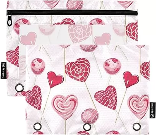 2 Pack Sweet Heart Shaped Lollipops Pink Pencil Pouches Bags for 3 Ring Binder, Clear Window Zipper Stationery Case for School Classroom Students Teacher Office Organizers Supplies