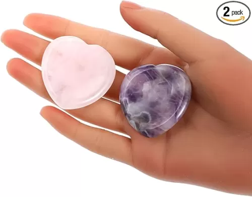 2 Pcs Thumb Worry Stone for Anxiety, Natural Heart Gemstone Healing Crystals Sets Hand Carved Amethyst Gemstones Relax Palm Stone for Anxiety Relief Home Decor