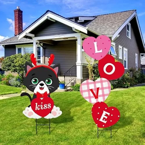 2 Pcs Valentines Day Decorations Outdoor Valentines Day Yard Signs Metal Stakes Valentines Outdoor Decoration Love Cat Decor for Valentines Day Outside Lawn Pathway Walkway Patio Decoration